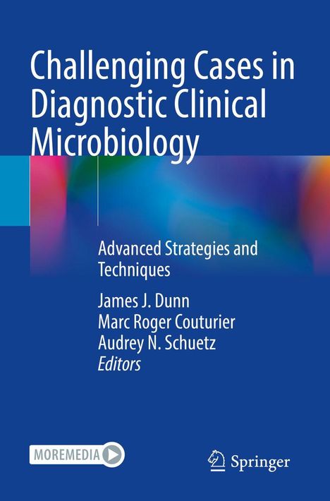 Buchtitel: "Challenging Cases in Diagnostic Clinical Microbiology", blaue Abdeckung mit Farbverlauf und Springer-Logo.