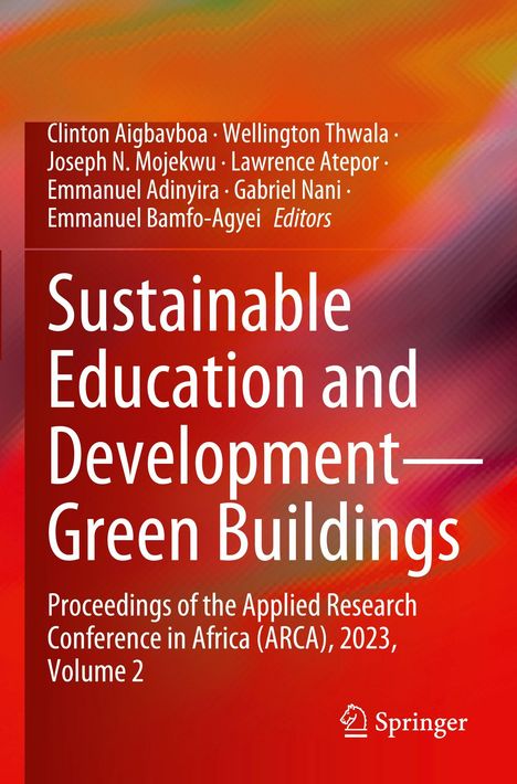 Titel: "Sustainable Education and Development—Green Buildings". Rote und orange Farbverläufe dominieren. Springer-Logo.