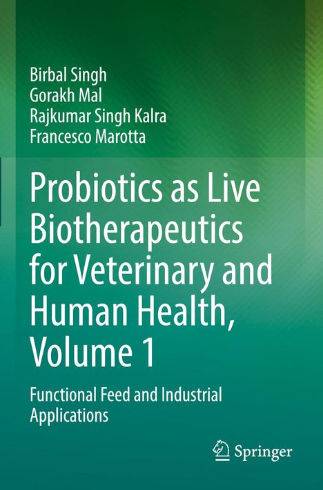 "Probiotics as Live Biotherapeutics for Veterinary and Human Health, Volume 1" auf grünem Hintergrund mit Springer-Logo.