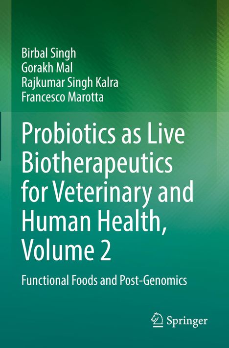 Buchtitel: "Probiotics as Live Biotherapeutics for Veterinary and Human Health, Volume 2". Grüner Hintergrund, Springer-Logo.