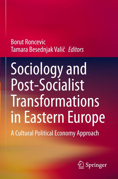 Titel: Sociology and Post-Socialist Transformations in Eastern Europe. Editors: Borut Roncevic, Tamara Besednjak Valič. Springer-Logo unten. Hintergrund: Farbverlauf von Rot zu Dunkelblau.