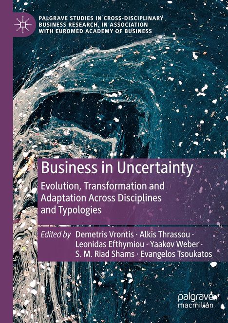 „Business in Uncertainty: Evolution...“ auf lila Balken, wirbelartiger Hintergrund in Blau- und Weißtönen.