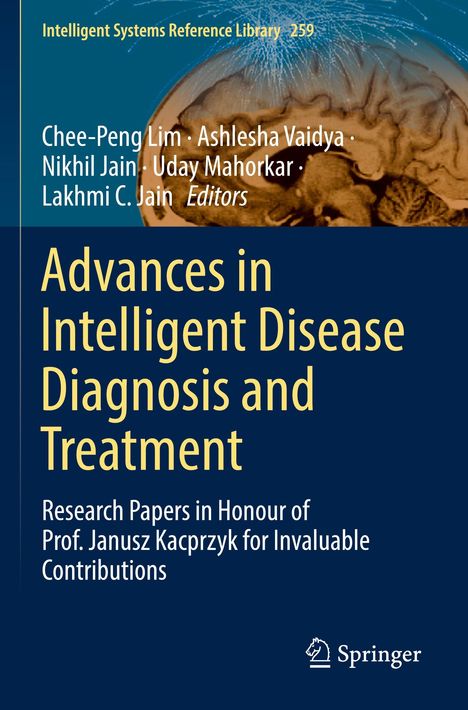 "Advances in Intelligent Disease Diagnosis and Treatment" vor blauem Hintergrund mit Gehirnabbildung, Springer-Logo.
