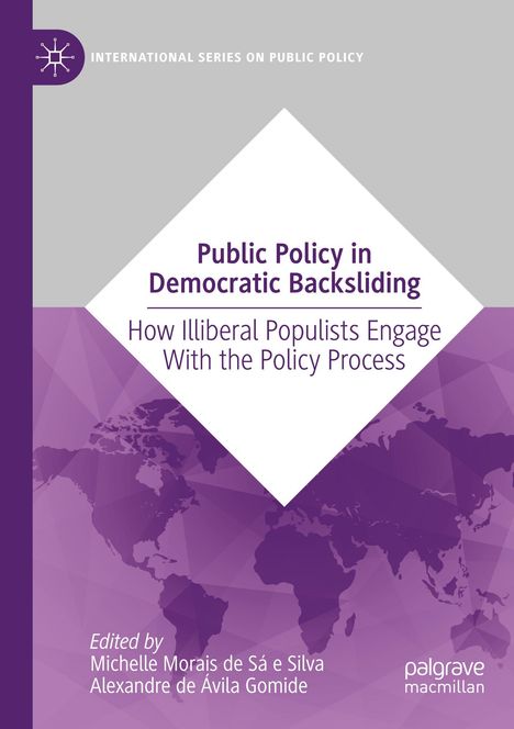 Titel: Public Policy in Democratic Backsliding. Illustration einer Weltkarte in violetten Tönen.