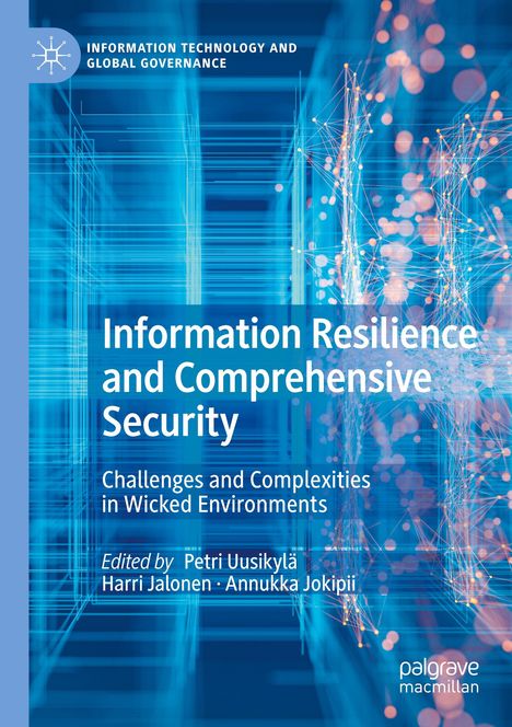 Information Resilience and Comprehensive Security. Digitales Netzwerk in Blau mit Lichtpunkten, Logo oben links.