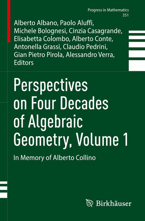 "Perspectives on Four Decades of Algebraic Geometry, Volume 1" in Weiß auf grünem Grund. Darunter ein Logo.