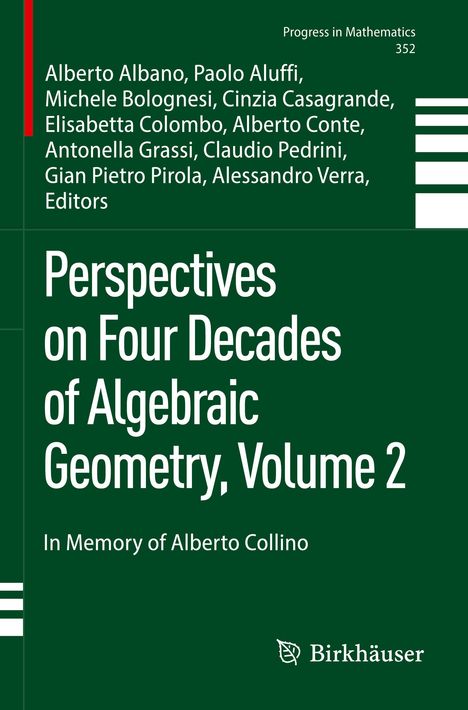 "Perspectives on Four Decades of Algebraic Geometry, Volume 2. In Memory of Alberto Collino." Grüner Hintergrund, Birkhäuser-Logo.