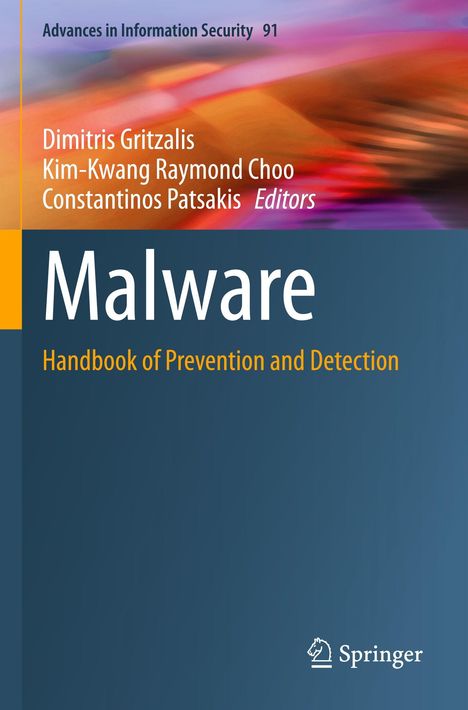 „Malware: Handbook of Prevention and Detection“ ist der Titel, darunter drei Editors. Hintergrund in dynamischen Farben.
