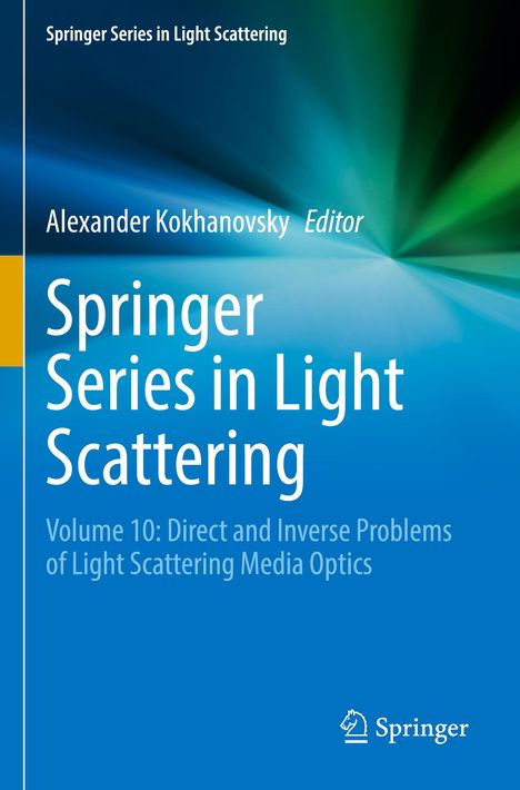 "Springer Series in Light Scattering, Volume 10" in weiß auf blauem Hintergrund mit leuchtenden Farbstrahlen.