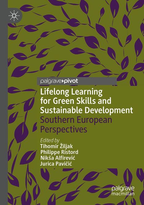 Titel: "Lifelong Learning for Green Skills and Sustainable Development." Design: Lila Blätter auf olivgrünem Hintergrund.