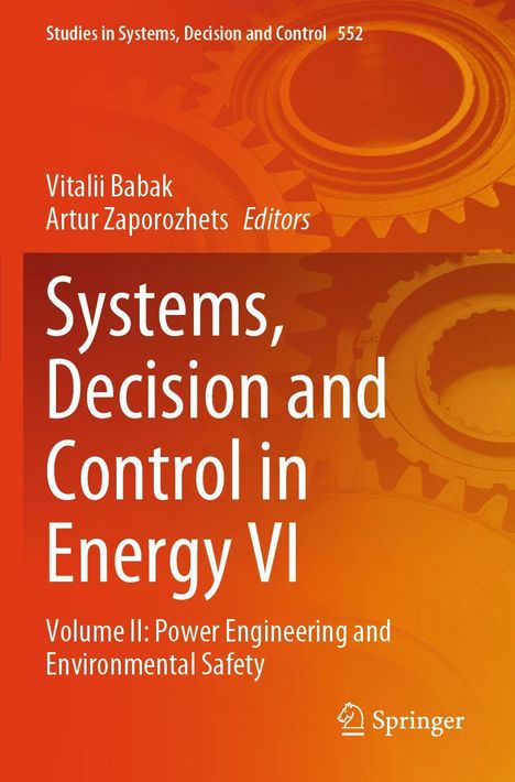Text: "Systems, Decision and Control in Energy VI. Volume II: Power Engineering and Environmental Safety. Springer."  
Hintergrund: Orange mit Zahnrädern.