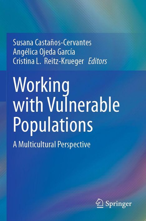 Buchtitel: "Working with Vulnerable Populations: A Multicultural Perspective". Blau-grüner Hintergrund, Springer-Logo.