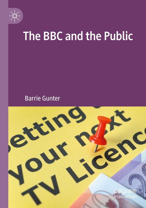 Weiße Schrift auf violettem Hintergrund: "The BBC and the Public". Gelber Hintergrund mit Text, roter Pin.