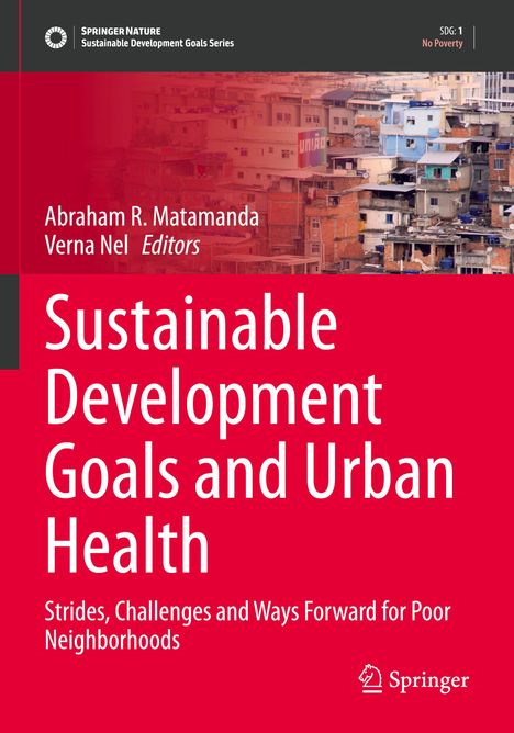 Titel: Sustainable Development Goals and Urban Health. Hintergrund mit dicht gedrängten Häusern.