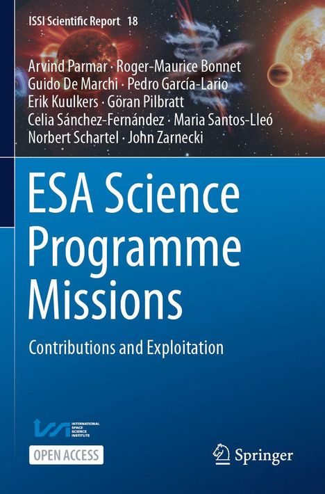 Titel: ESA Science Programme Missions. Autoren umfassen Arvind Parmar und weitere. Hintergrund zeigt Weltraum und Sterne.