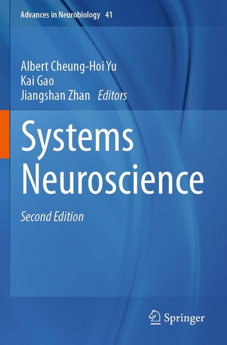 "Advances in Neurobiology 41. Systems Neuroscience, Second Edition." Blaue Hintergründe mit orangefarbenem Element oben links.