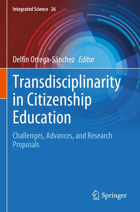 "Transdisciplinarity in Citizenship Education" steht groß auf dem blauen Cover. Bunte geometrische Muster im Hintergrund. Springer Logo unten.