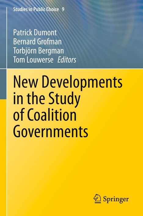 Cover: Titel "New Developments in the Study of Coalition Governments", Autoren und Herausgeber oben, gelber Hintergrund.