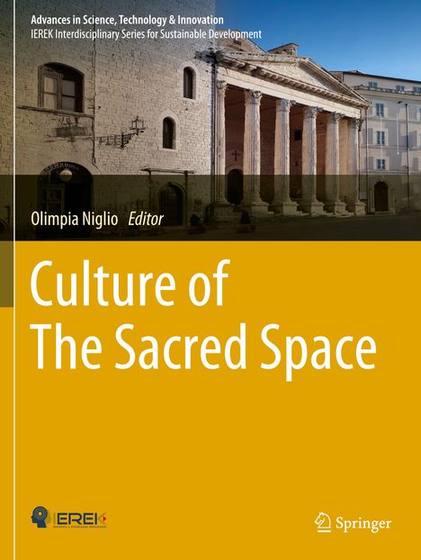 „Culture of The Sacred Space“ oben, antike Gebäude mit Säulen und Rundbögen. Links ein Logo.