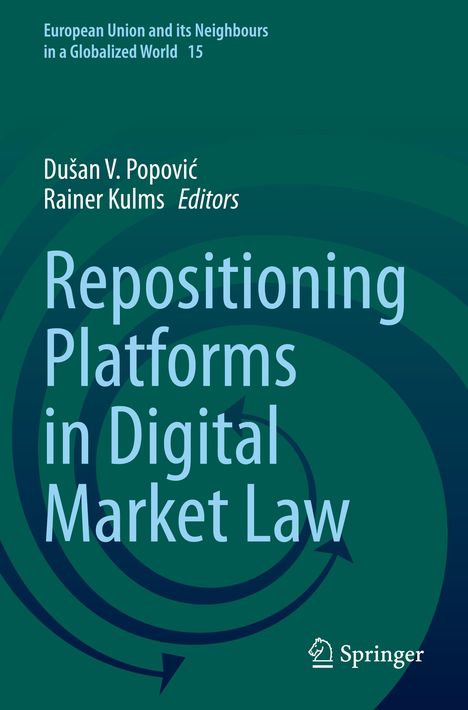 „Repositioning Platforms in Digital Market Law“; Herausgeber: Dušan V. Popović, Rainer Kulms. Grünes, spiralförmiges Design.