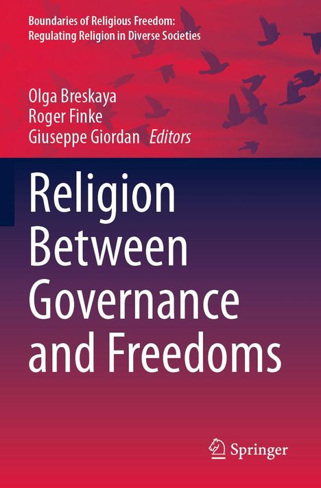 "Religion Between Governance and Freedoms" mit fliegenden Vögeln in Rot und Blau, Springer-Logo.