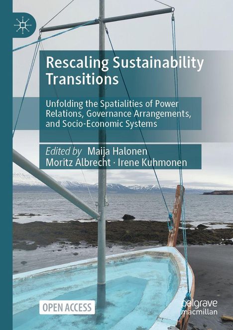 Titel: "Rescaling Sustainability Transitions". Küstenlandschaft mit Bootsmast, Berge im Hintergrund.