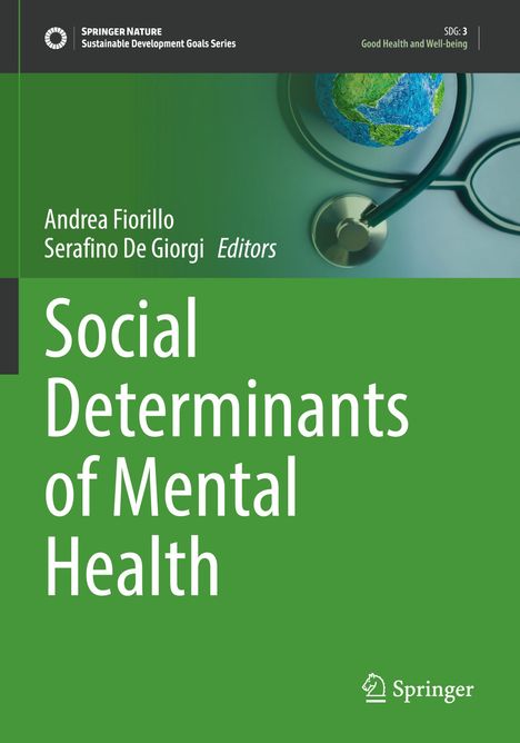 "Social Determinants of Mental Health", Namen der Herausgeber, grüne Gestaltung mit Globus und Stethoskop.
