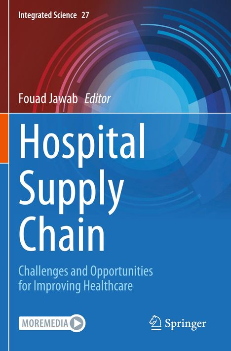 "Hospital Supply Chain: Challenges and Opportunities for Improving Healthcare." Oben links spiralförmige, blaue Grafik.