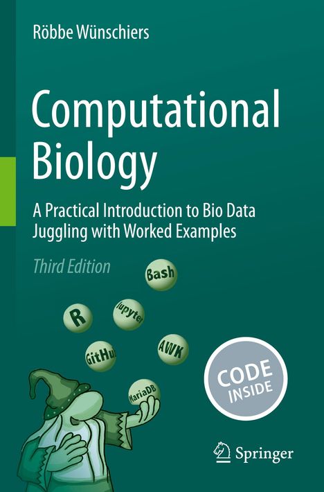 Titel: Computational Biology. Ein Zauberer jongliert mit Bällen, die Begriffe wie Bash, R und GitHub tragen.