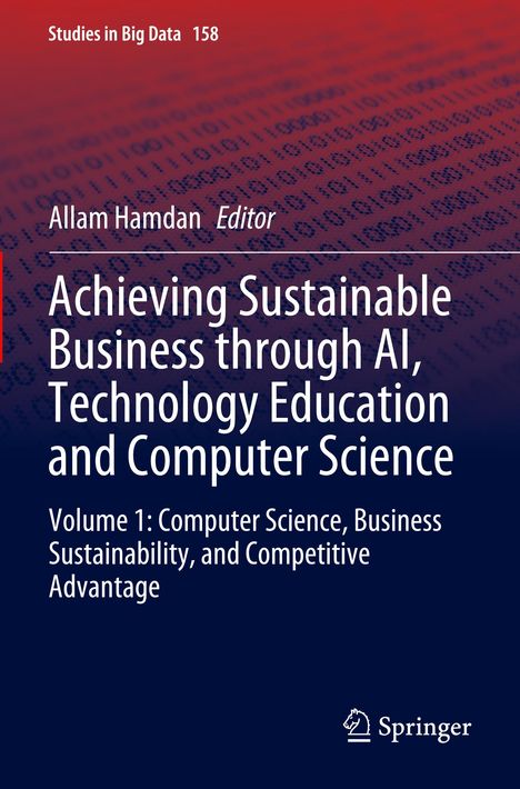 Titel: “Achieving Sustainable Business through AI, Technology Education and Computer Science”. Rot-blauer Hintergrund.