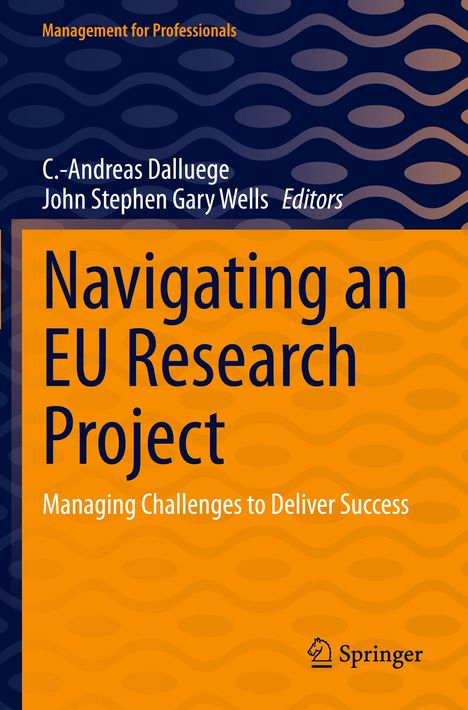 Titel: "Navigating an EU Research Project". Orange Hintergrund mit wellenförmigem Muster. Springer-Logo unten.