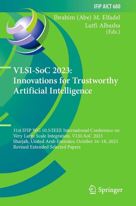 VLSI-SoC 2023: Innovations für vertrauenswürdige KI. Grüner Hintergrund, stilisierte Globus-Grafik, Springer-Logo.