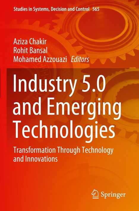 "Industry 5.0 and Emerging Technologies" steht auf einem orangenen Hintergrund mit Zahnrädern. Springer-Logo unten rechts.