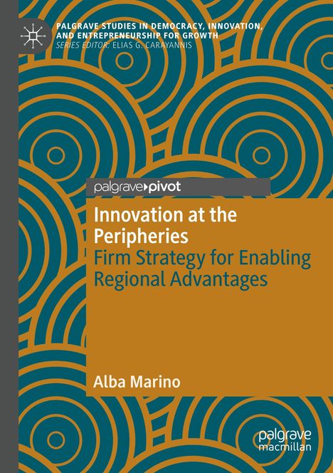 "Palgrave Pivot: Innovation at the Peripheries", Autor: Alba Marino. Hintergrund mit überlappenden Kreisen in Blau und Gelb.