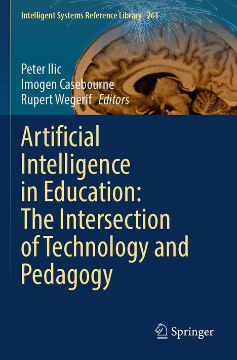Titel: "Artificial Intelligence in Education: The Intersection of Technology and Pedagogy". Gehirn mit Strahlen.