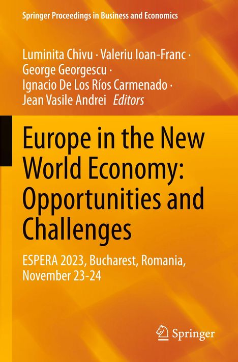 Buchtitel in Gelb: "Europe in the New World Economy: Opportunities and Challenges", Konferenzdetails unten. Springer-Logo rechts.