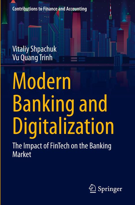 "Modern Banking and Digitalization" vor Stadt-Silhouette und nächtlichem Himmel, Beitrag zu FinTech, Verlag-Signet unten.