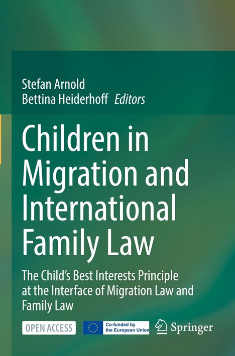 „Children in Migration and International Family Law“, blau-grüner Hintergrund mit EU- und Springer-Logos.