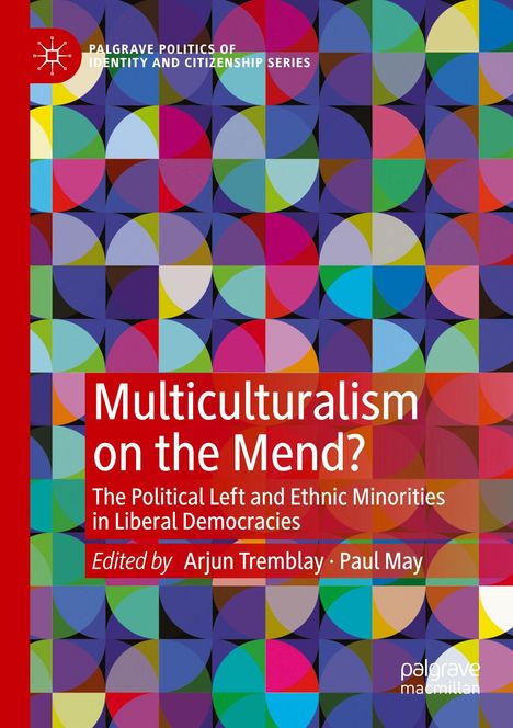 Titel: "Multiculturalism on the Mend?" Buntes geometrisches Muster aus Kreisen und Quadraten in kräftigen Farben.
