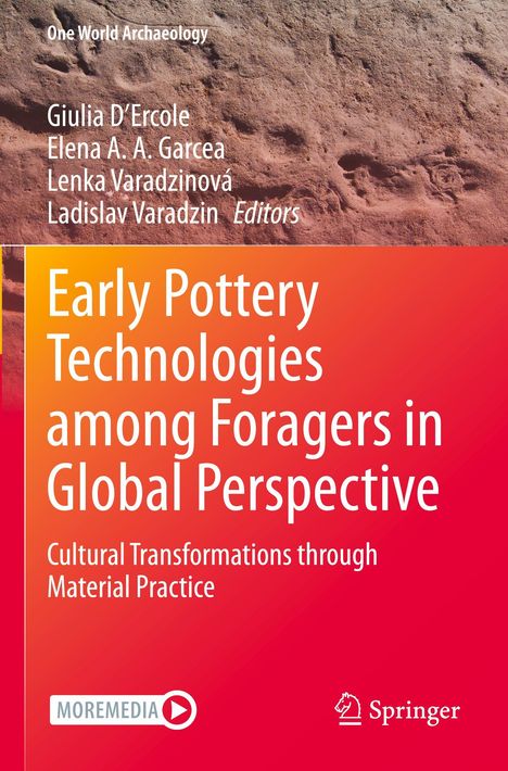 Text: "Early Pottery Technologies among Foragers in Global Perspective. Cultural Transformations through Material Practice." Hintergrund: Erdfarbene Textur. Logos: MOREMEDIA, Springer.