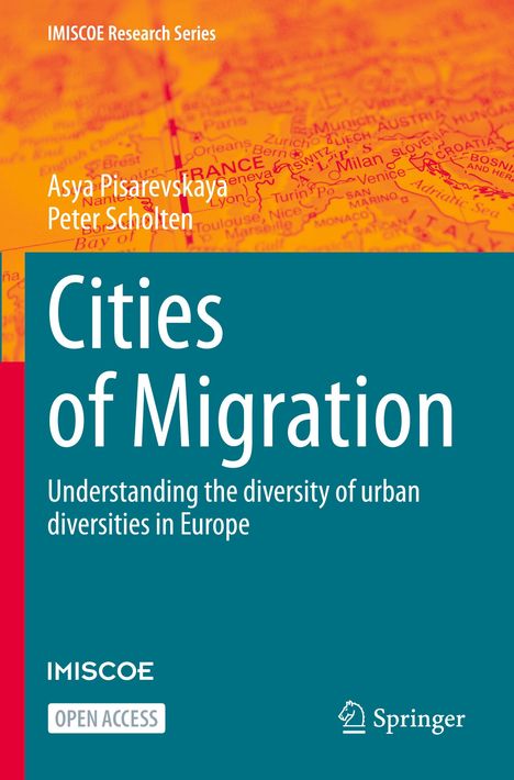 „Cities of Migration“ von Asya Pisarevskaya, Peter Scholten. Abstrakte Karte von Europa in Orange.