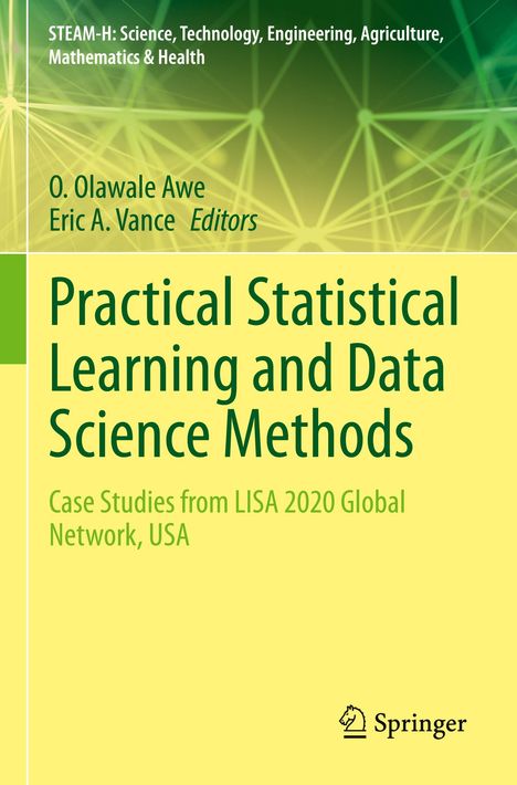 "Practical Statistical Learning and Data Science Methods" steht zentral. Hintergrund grün-gelb mit Linienmuster. Springer-Logo.