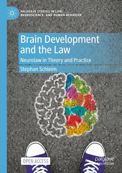 Titel: Brain Development and the Law. Illustration: bunte Gehirn-Kreidezeichnung auf Asphalt, violette Schuhe.