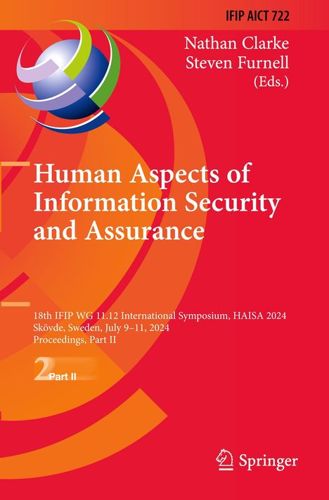 Buchtitel: "Human Aspects of Information Security and Assurance". Rotes Cover mit buntem, abstrahiertem Globusmotiv.