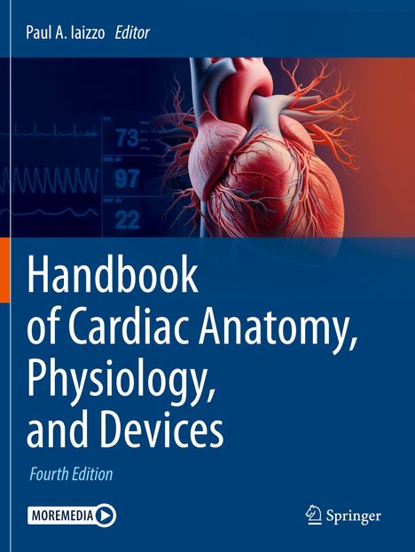 "Handbook of Cardiac Anatomy, Physiology, and Devices, Fourth Edition" zeigt Herzillustration mit Vitalwerten.