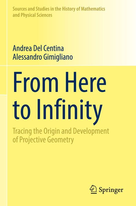 „From Here to Infinity: Tracing the Origin and Development of Projective Geometry“ von Andrea Del Centina und Alessandro Gimigliano. Unten rechts ist ein Springer-Logo. Das Design ist schlicht mit gelbem Hintergrund.