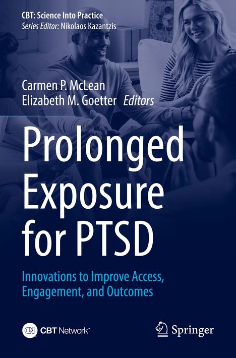 Titel: "Prolonged Exposure for PTSD". Autoren: Carmen P. McLean, Elizabeth M. Goetter. Zwei lachende Personen im Hintergrund.