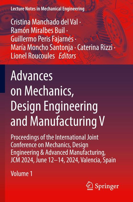 Titel: "Advances on Mechanics, Design Engineering and Manufacturing V." Zahnrad und technische Zeichnungen im Hintergrund.