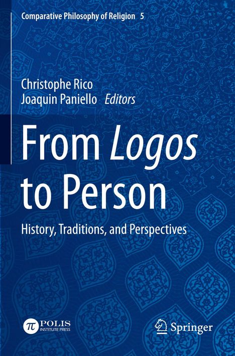 "From Logos to Person: History, Traditions, and Perspectives", weiße Schrift auf blauem Hintergrund mit Mustern.