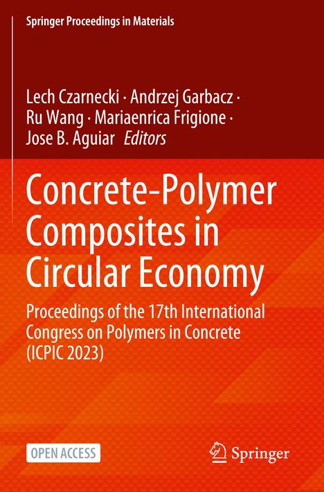 Roter Hintergrund mit orangener Fläche. Titel: "Concrete-Polymer Composites in Circular Economy". Springer Logo unten.